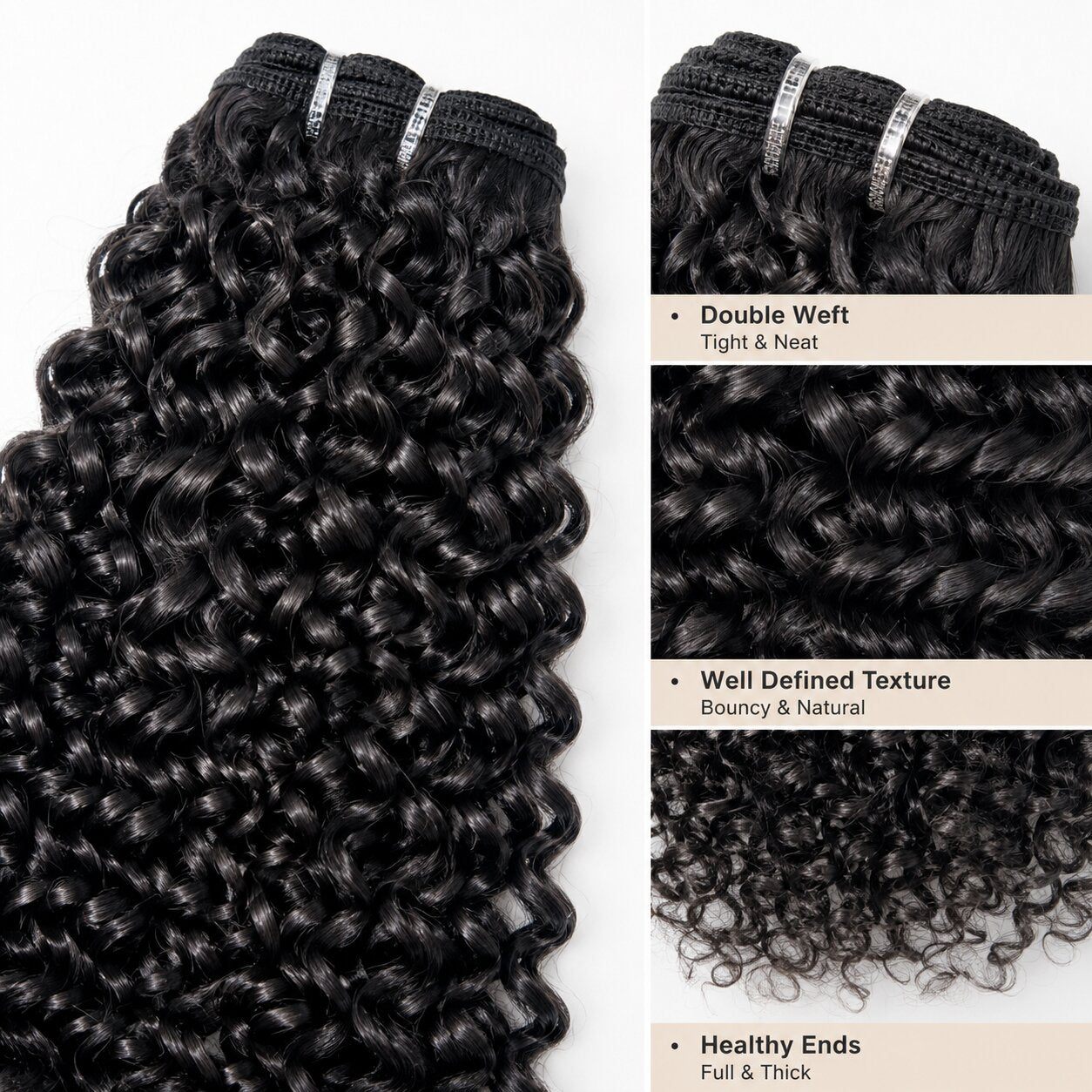 Close-up detail of UrbanChichair Virgin Pixie Curly Bundles showing double weft, defined curls, shiny texture, and full healthy ends.