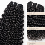 Close-up detail of UrbanChichair Virgin Pixie Curly Bundles showing double weft, defined curls, shiny texture, and full healthy ends.