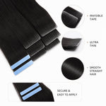 Close-up detail of UrbanChichair straight invisible tape in hair extensions showing ultra-thin tape, smooth hair texture, and secure adhesive design.