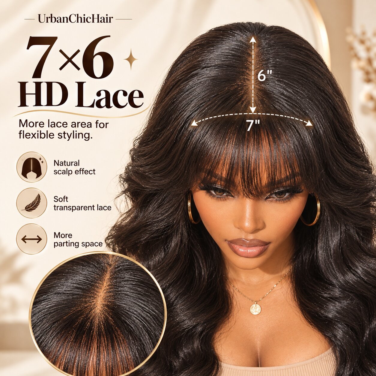 Close-up of 7x6 HD lace closure human hair wig with bangs, showing natural-looking scalp parting and flexible styling space.