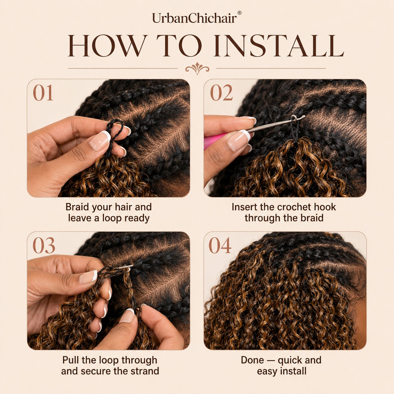 Close-up of Highlight 4/27 Burmese Curly crochet human hair texture and curled ends with 100 percent human hair benefits