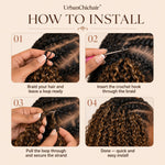 Close-up of Highlight 4/27 Burmese Curly crochet human hair texture and curled ends with 100 percent human hair benefits