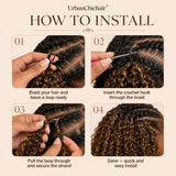Close-up of Highlight 4/27 Burmese Curly crochet human hair texture and curled ends with 100 percent human hair benefits