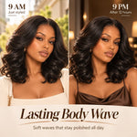 Close-up of UrbanChichair 7x6 HD lace body wave wig showing a natural-looking middle part, pre-plucked hairline and smooth black human hair.