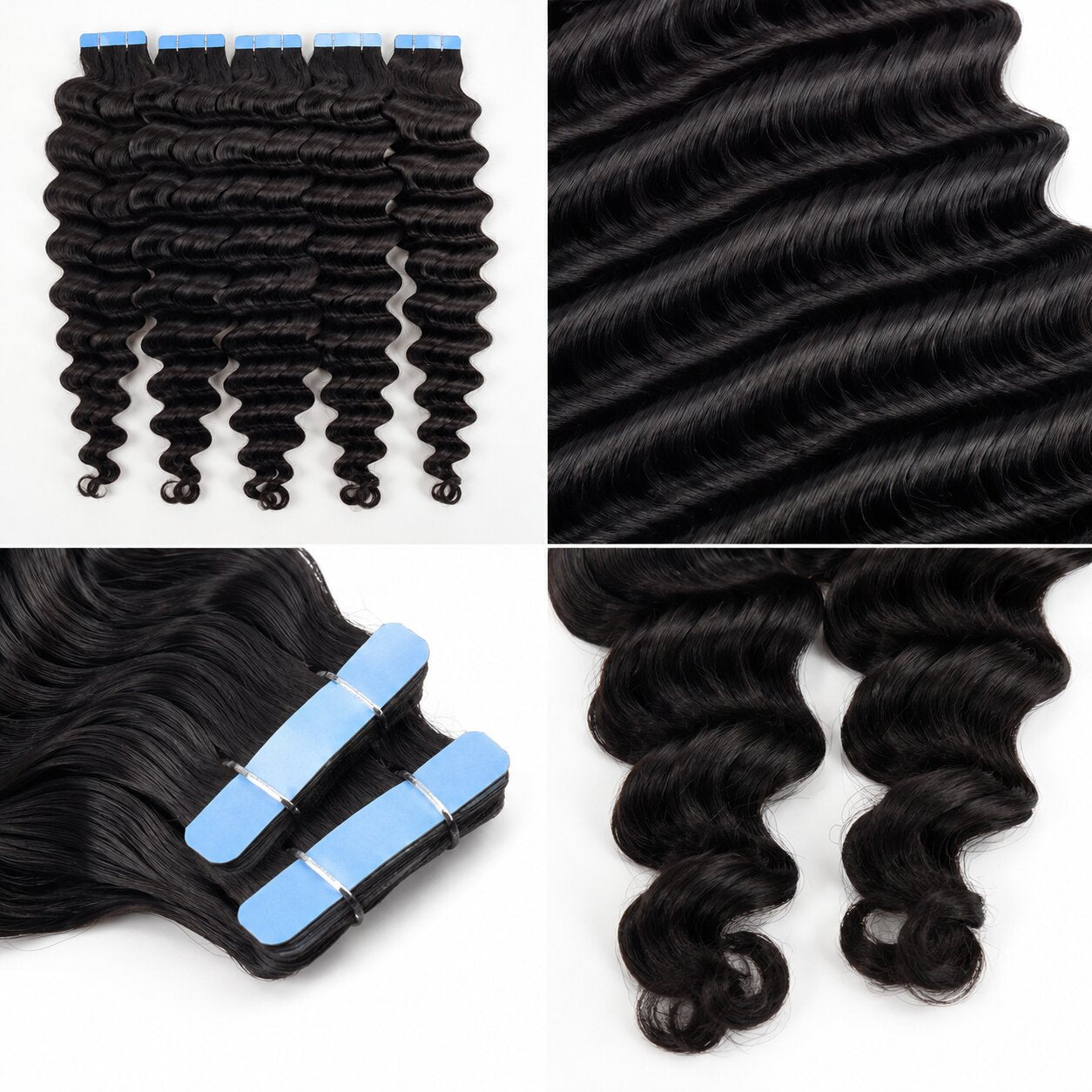 Close-up of UrbanChichair deep wave tape-in human hair extensions showing glossy black waves, smooth texture, and defined curl pattern.