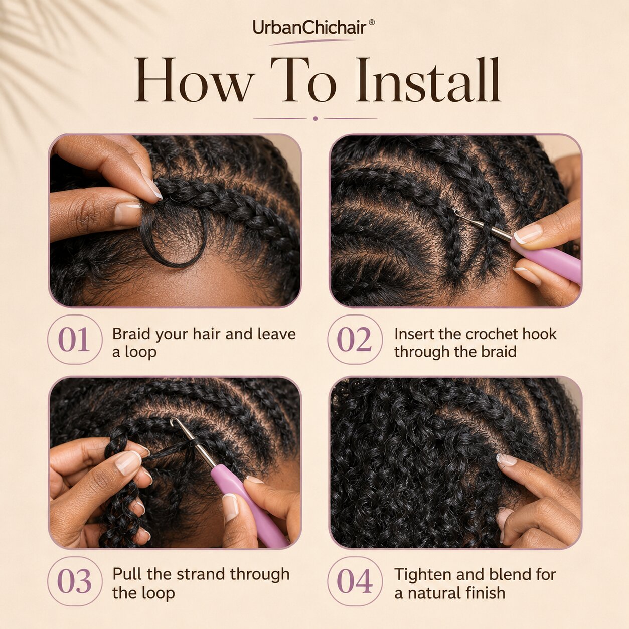 Close-up of UrbanChichair pre-separated invisible string crochet hair showing ultra-thin transparent string and natural black curly strands.