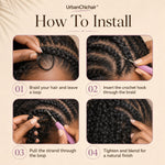 Close-up of UrbanChichair pre-separated invisible string crochet hair showing ultra-thin transparent string and natural black curly strands.