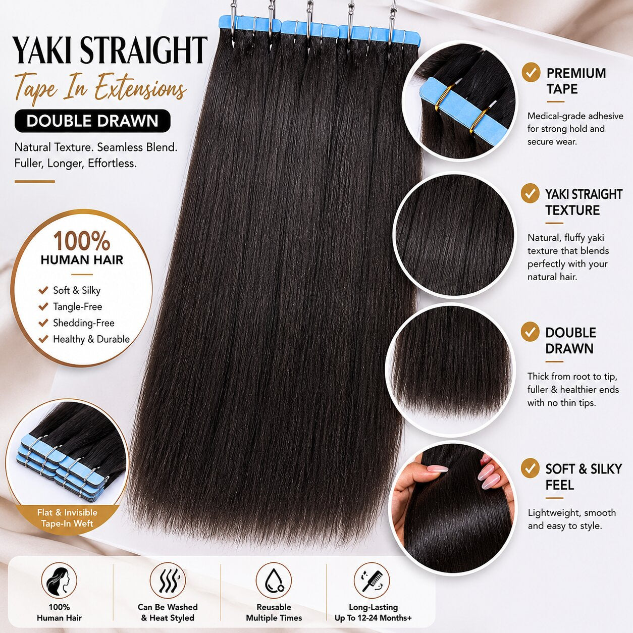 Close-up of Yaki Straight tape in human hair extensions showing natural yaki texture, soft shine, and full double drawn ends by UrbanChichair.