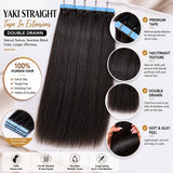 Close-up of Yaki Straight tape in human hair extensions showing natural yaki texture, soft shine, and full double drawn ends by UrbanChichair.