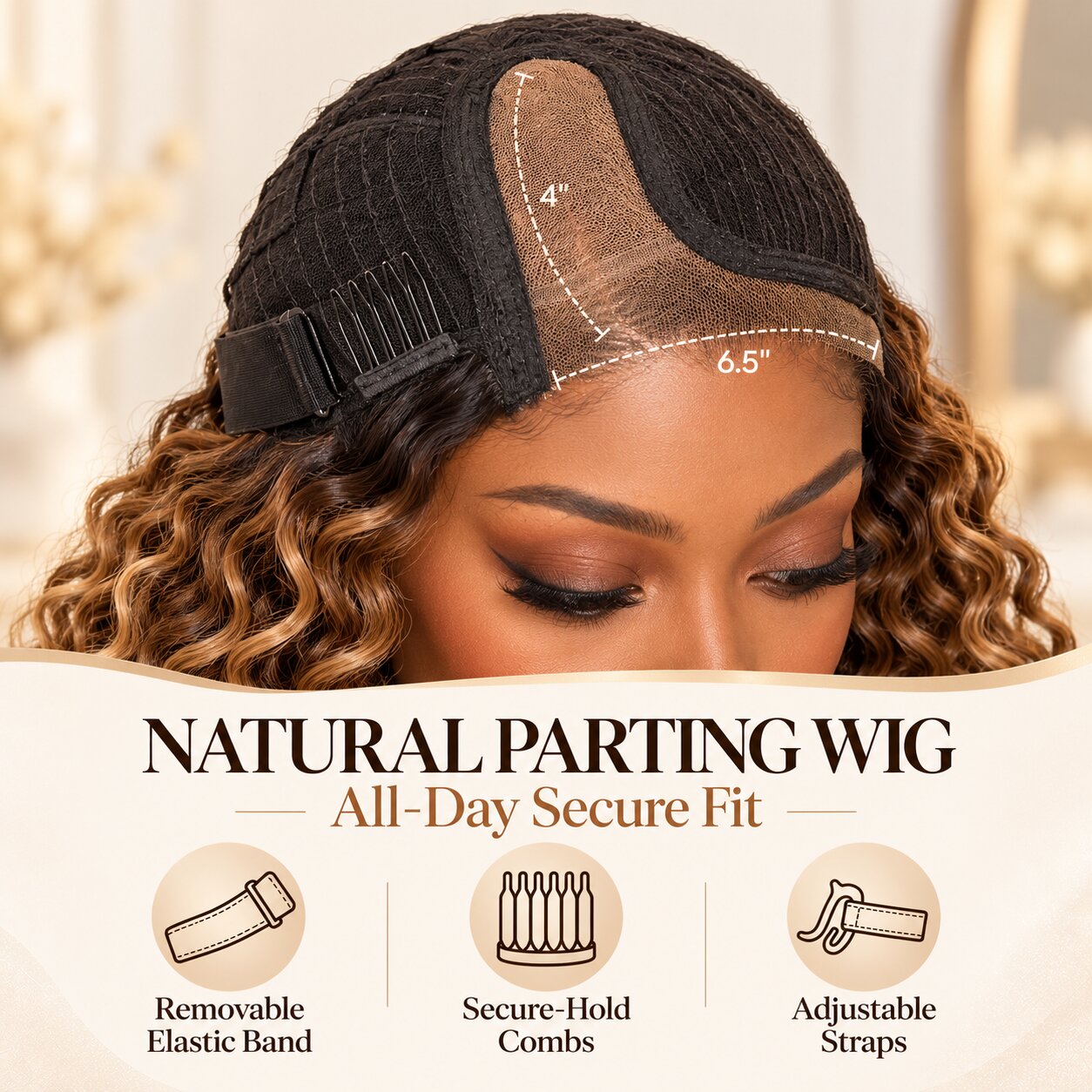 Close-up of a curly bob HD lace wig cap showing the left C-part, removable elastic band, secure-hold combs and adjustable straps.