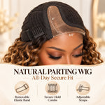 Close-up of a curly bob HD lace wig cap showing the left C-part, removable elastic band, secure-hold combs and adjustable straps.