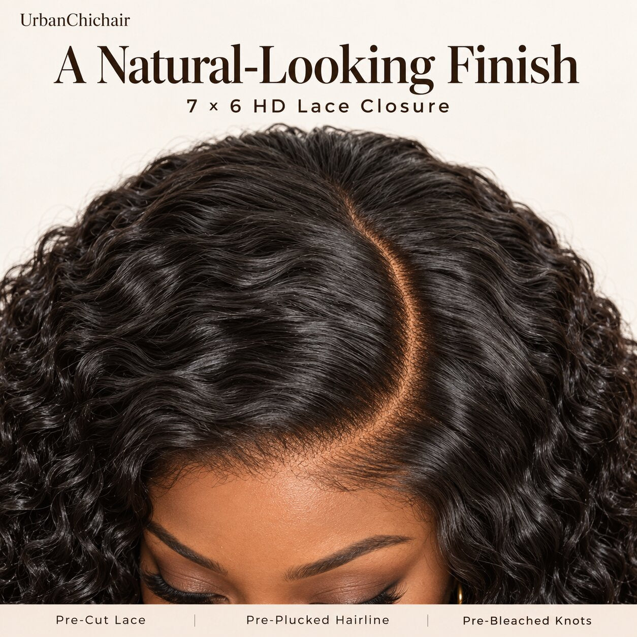 Close-up of a curved part and hairline on a natural black Burmese curly wig, with HD lace preparation labels.