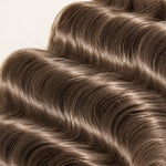 Close-up of defined Color #8 light brown loose deep wave human hair texture