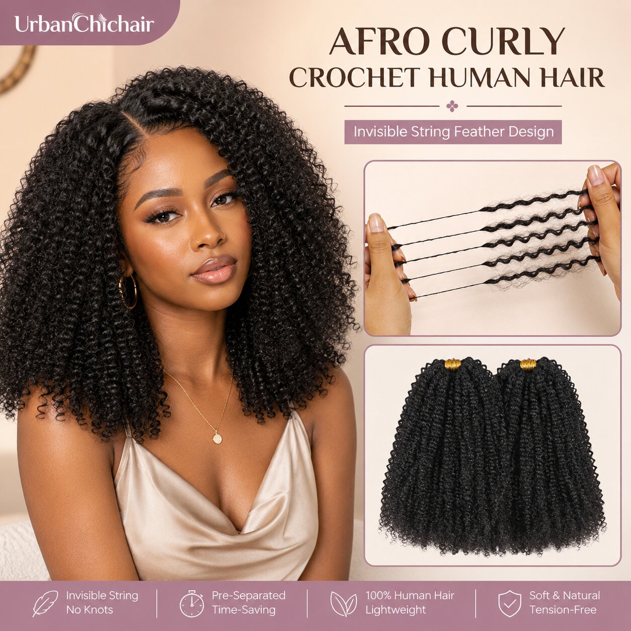 Close-up of hands stretching Afro curly invisible string crochet human hair strands, showing pre-separated lightweight design for boho braids and easy installation.