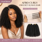 Close-up of hands stretching Afro curly invisible string crochet human hair strands, showing pre-separated lightweight design for boho braids and easy installation.