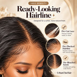 Close-up of human hair wig with pre-cut HD lace, pre-plucked hairline and pre-bleached knots for a natural-looking finish.