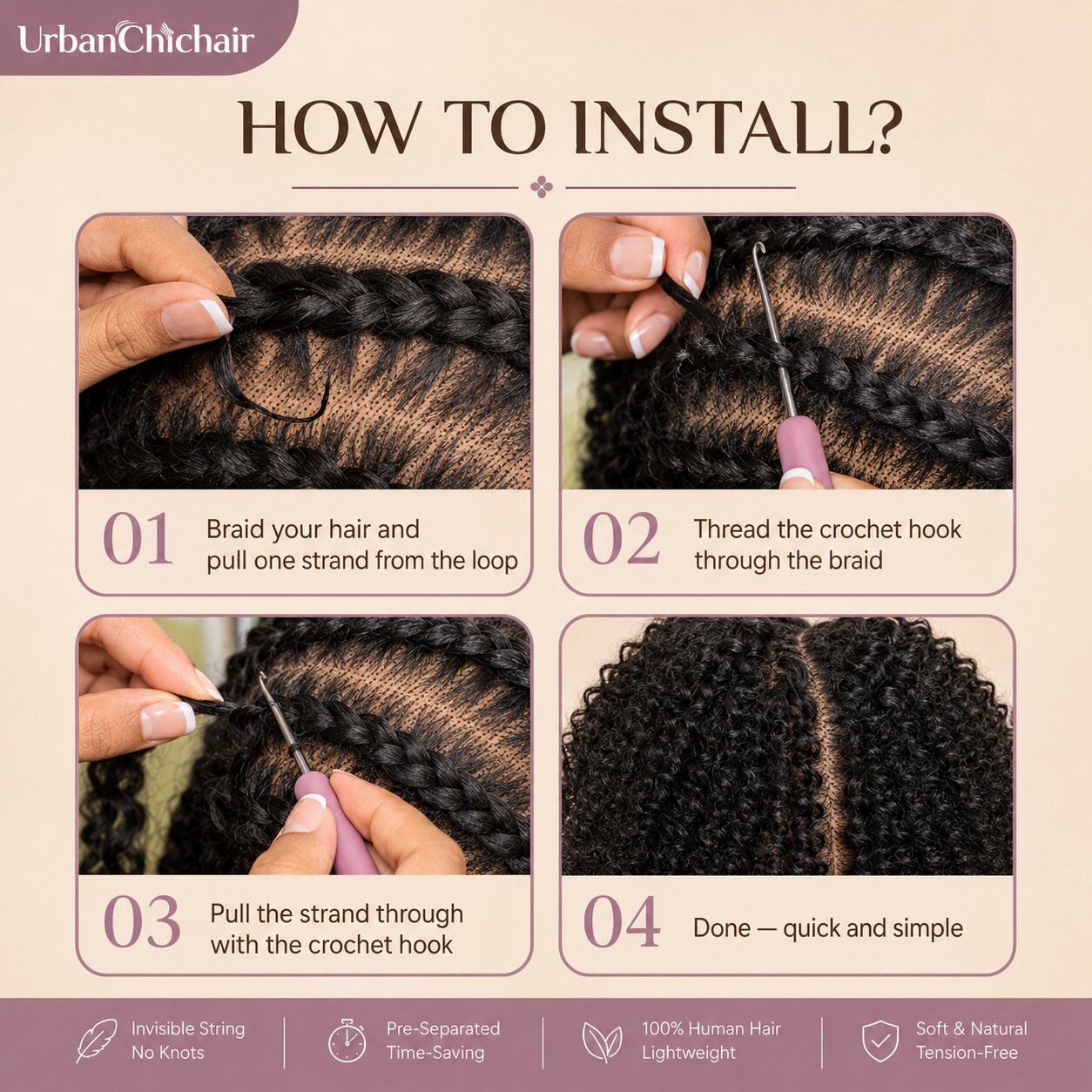Close-up of individual crochet human hair extensions installed on braided natural hair, showing detailed scalp pattern and tight Afro curly texture blending seamlessly.