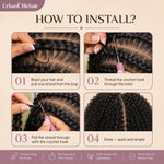 Close-up of individual crochet human hair extensions installed on braided natural hair, showing detailed scalp pattern and tight Afro curly texture blending seamlessly.