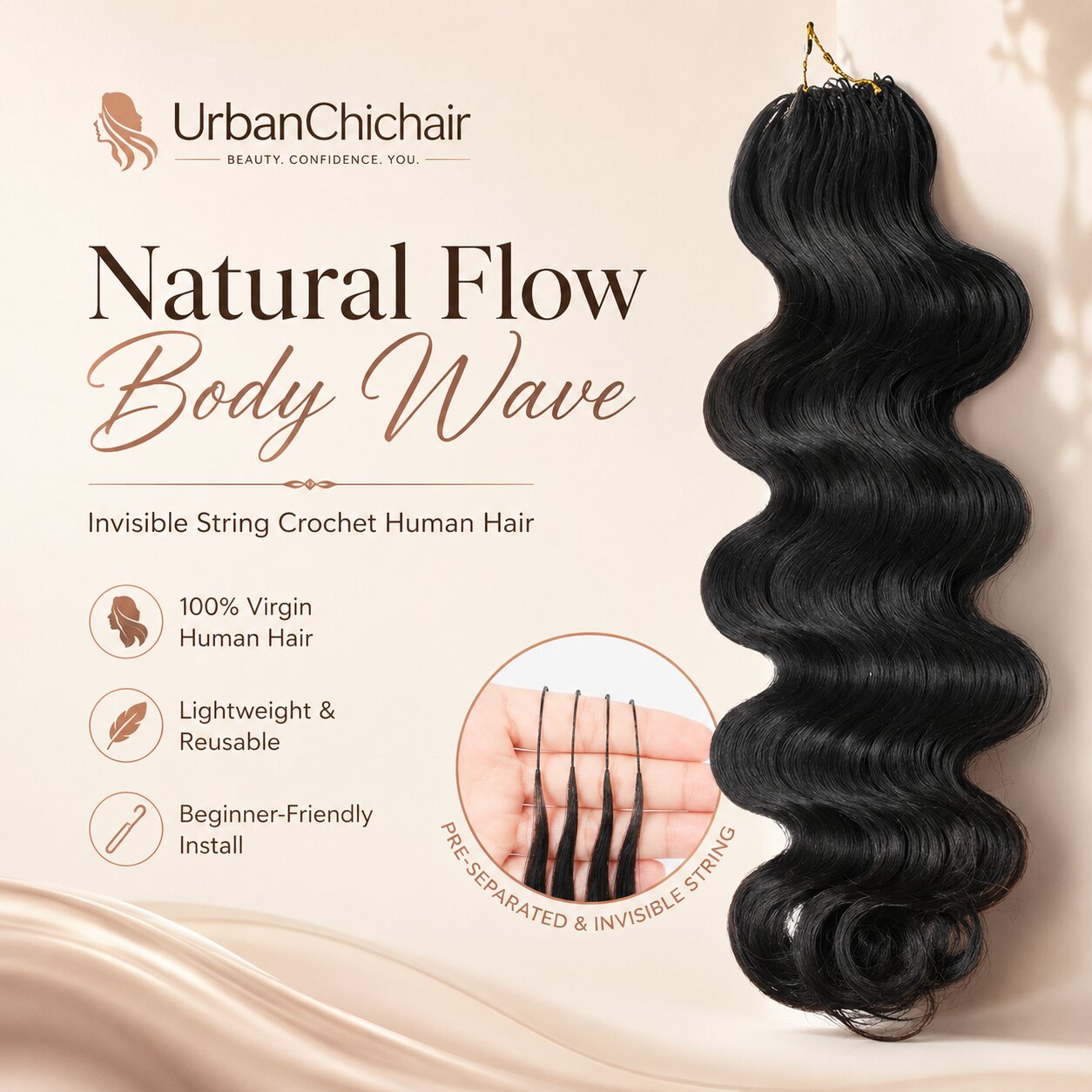 Close-up of invisible string crochet hair extensions showing pre-separated strands, loop construction, and smooth natural black body wave texture detail.