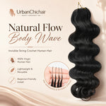 Close-up of invisible string crochet hair extensions showing pre-separated strands, loop construction, and smooth natural black body wave texture detail.