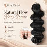 Close-up of invisible string crochet hair extensions showing pre-separated strands, loop construction, and smooth natural black body wave texture detail.