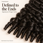 Close-up of natural black Burmese curls transitioning into defined cylindrical finger-coil ends.