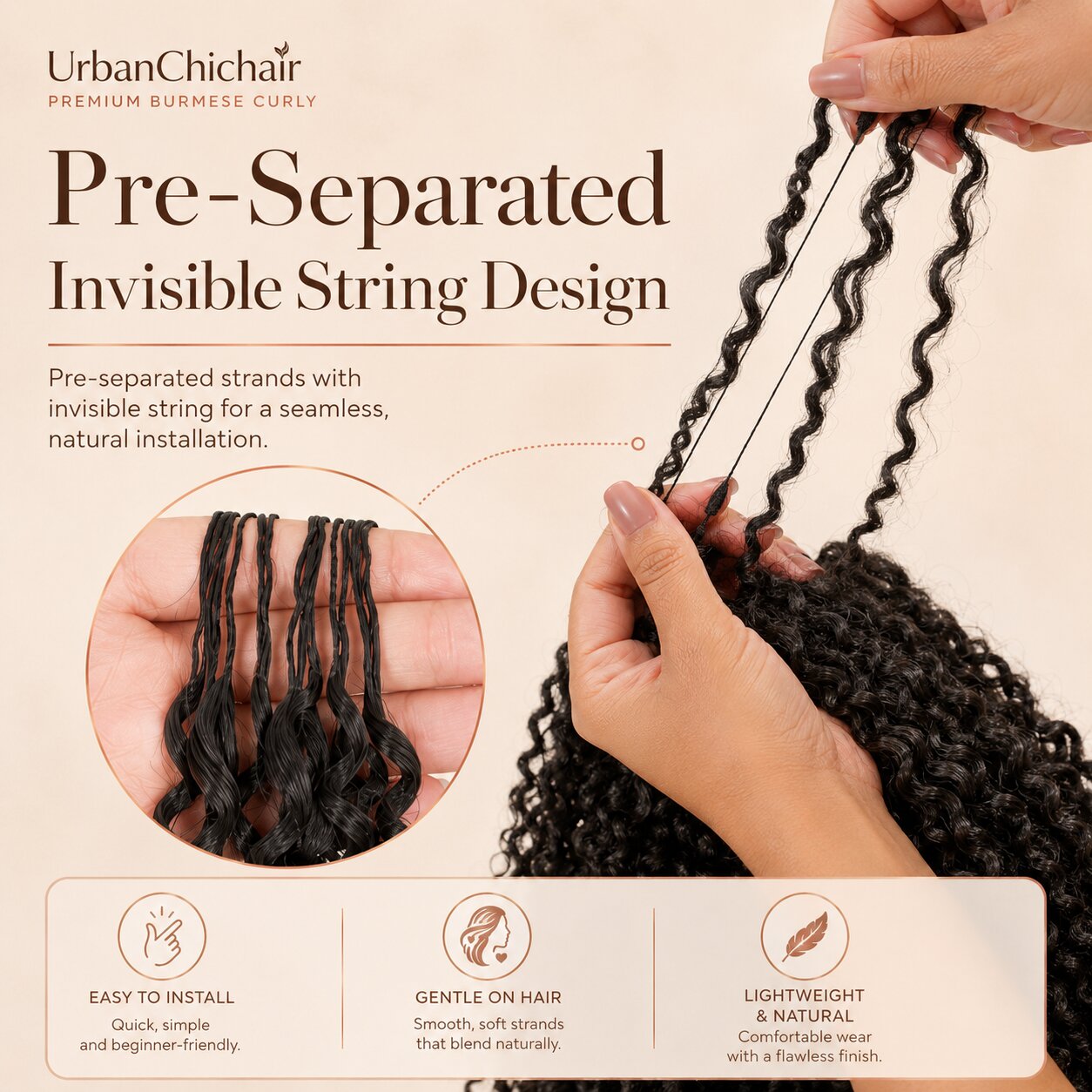 Close-up of pre-separated invisible string design for Burmese curly crochet human hair