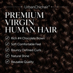 Close-up of rich #4 Chocolate Brown Burmese Curly virgin human hair with soft shine, defined curls, and reusable quality benefits.