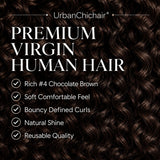 Close-up of rich #4 Chocolate Brown Burmese Curly virgin human hair with soft shine, defined curls, and reusable quality benefits.