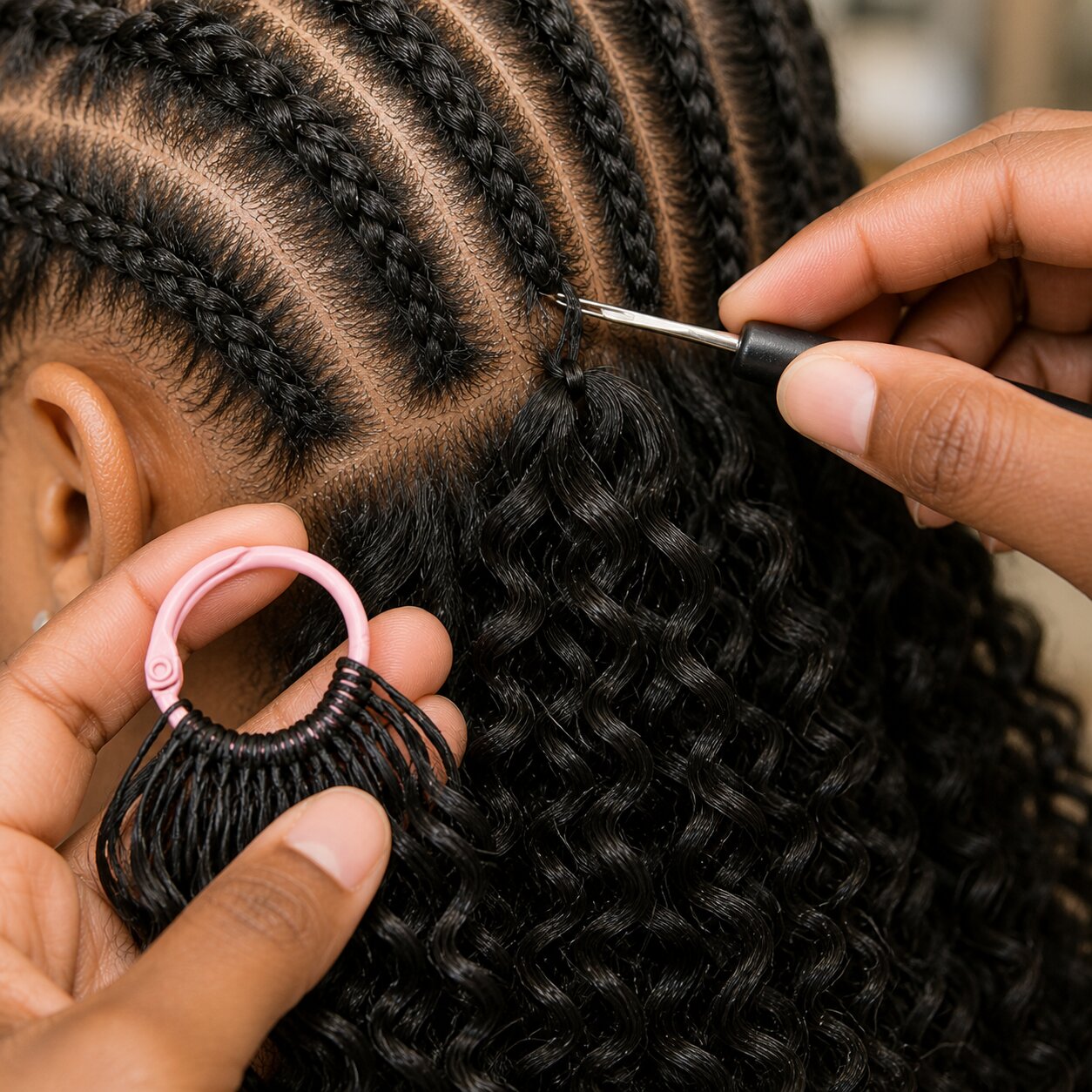 Close-up of short pre-looped roots and Spanish Curl human hair on a pink organizer ring