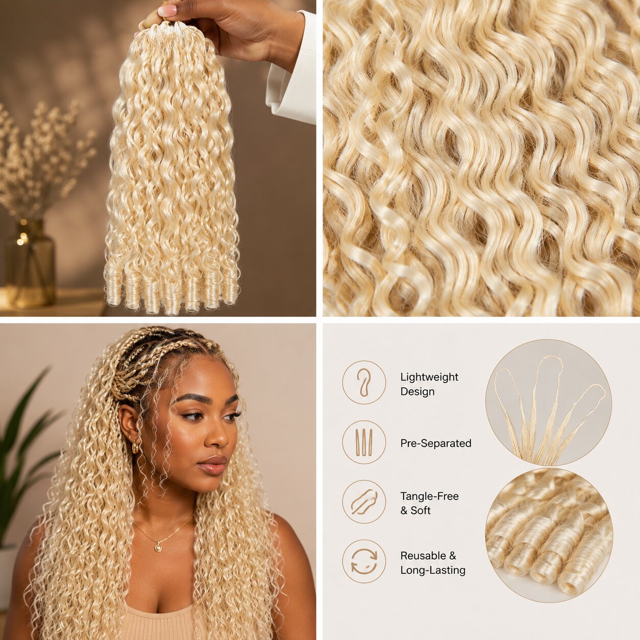 Close-up of soft #613 blonde Burmese curly crochet human hair texture with defined shiny waves