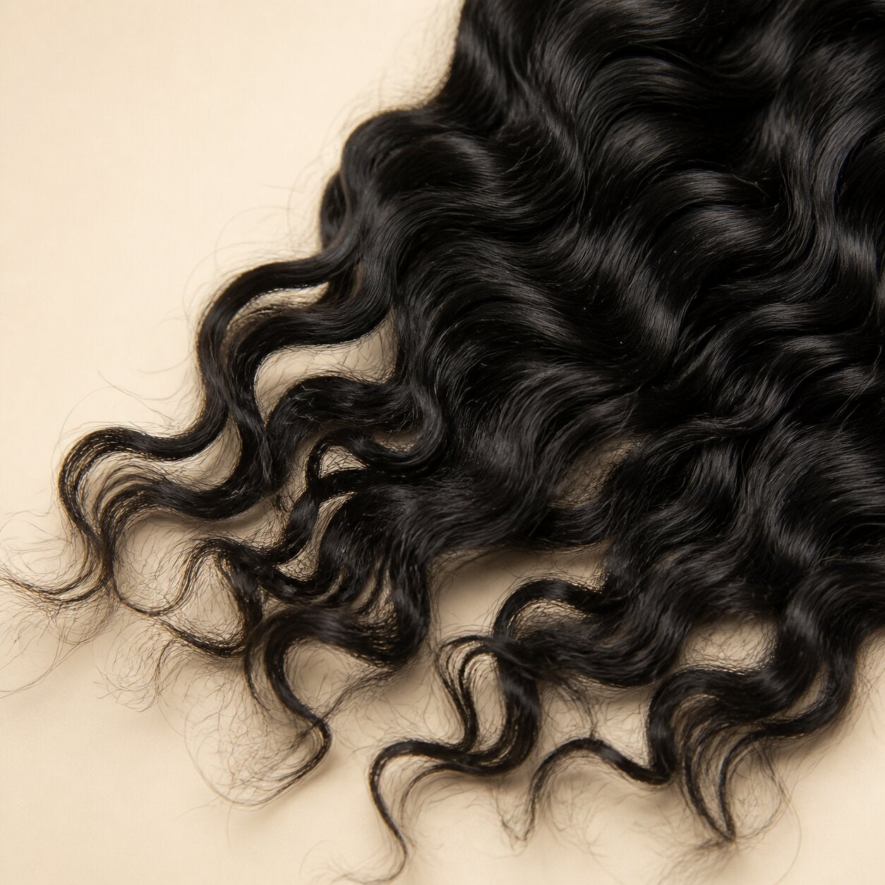Close-up of soft natural black Natural Wave Human Crochet Hair texture with loose waves and feathered ends.