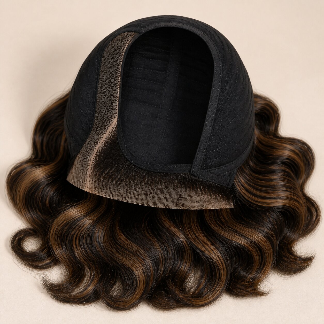Close-up of the left C part and pre-plucked hairline on a brown highlight HD lace wig.