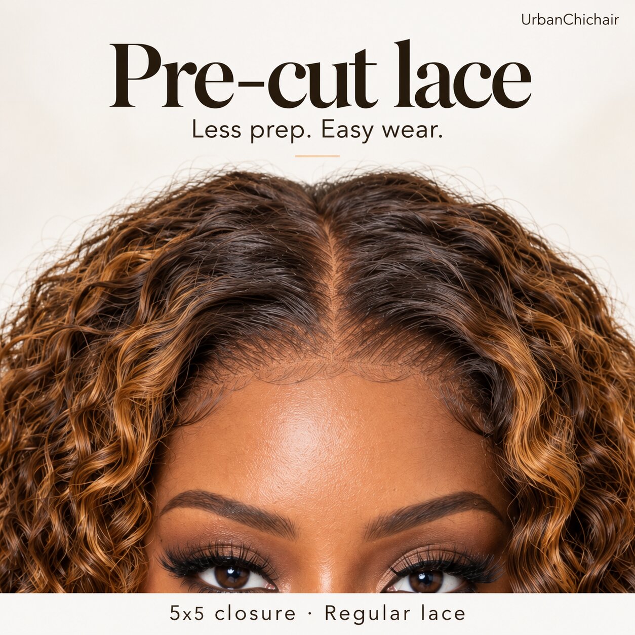 Close-up of the pre-cut regular lace hairline and middle part on a caramel brown deep curly wig with a 5x5 closure.