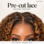 Close-up of the pre-cut regular lace hairline and middle part on a caramel brown deep curly wig with a 5x5 closure.