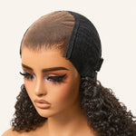 Close-up of the regular lace closure and black wig cap on a mannequin.