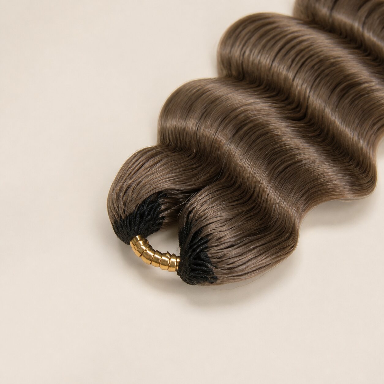 Close-up of the tied-top structure on Color #8 light brown loose deep wave crochet hair