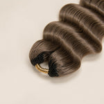 Close-up of the tied-top structure on Color #8 light brown loose deep wave crochet hair