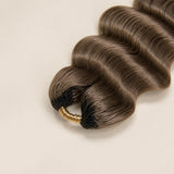 Close-up of the tied-top structure on Color #8 light brown loose deep wave crochet hair
