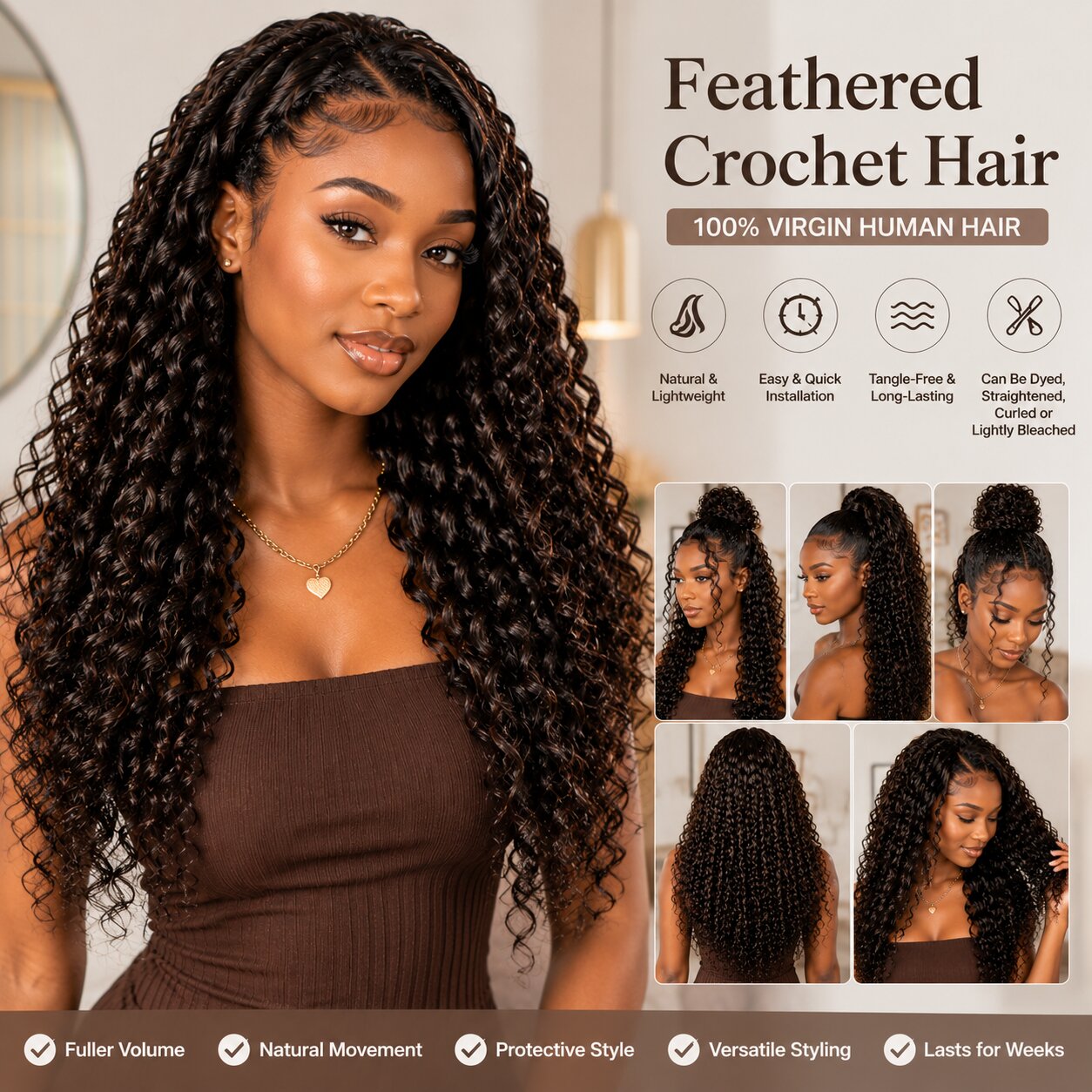 Confident Black woman with Feathered Crochet Hair, natural voluminous feathered curls, soft airy texture, glossy 100% human hair, half-up half-down hairstyle, neutral modern indoor background