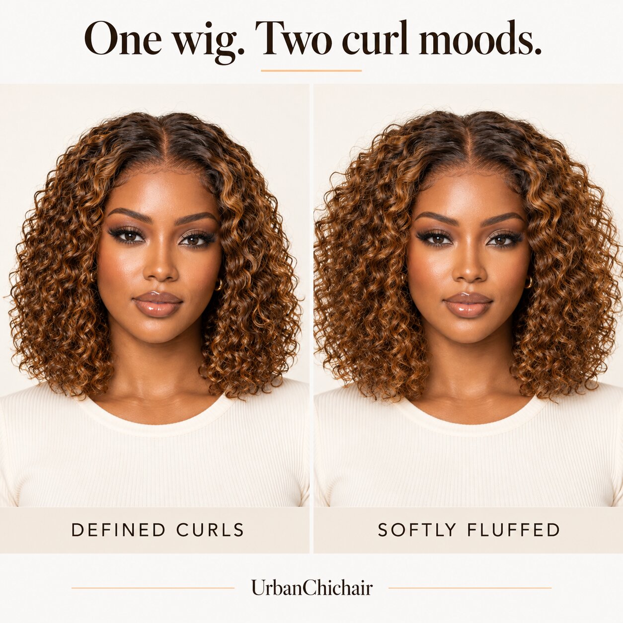 Defined curls and a softly fluffed finish shown side by side on the same caramel brown deep curly wig.