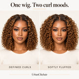 Defined curls and a softly fluffed finish shown side by side on the same caramel brown deep curly wig.