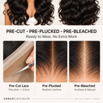 Detailed comparison of pre-cut HD lace, pre-plucked hairline, and pre-bleached knots on a glueless human hair closure wig.