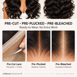 Detailed comparison of pre-cut HD lace, pre-plucked hairline, and pre-bleached knots on a glueless human hair closure wig.