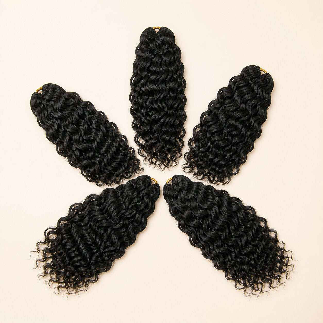 Five Natural Wave Human Crochet Hair bundles arranged for a full, natural-looking crochet hairstyle.