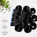 Flat lay of tape-in hair extensions arranged in soft S-shaped waves on white background. Highlights three key selling points: 100% human hair, full & thick, reusable & durable, with soft natural lighting and a touch of green plant leaves.
