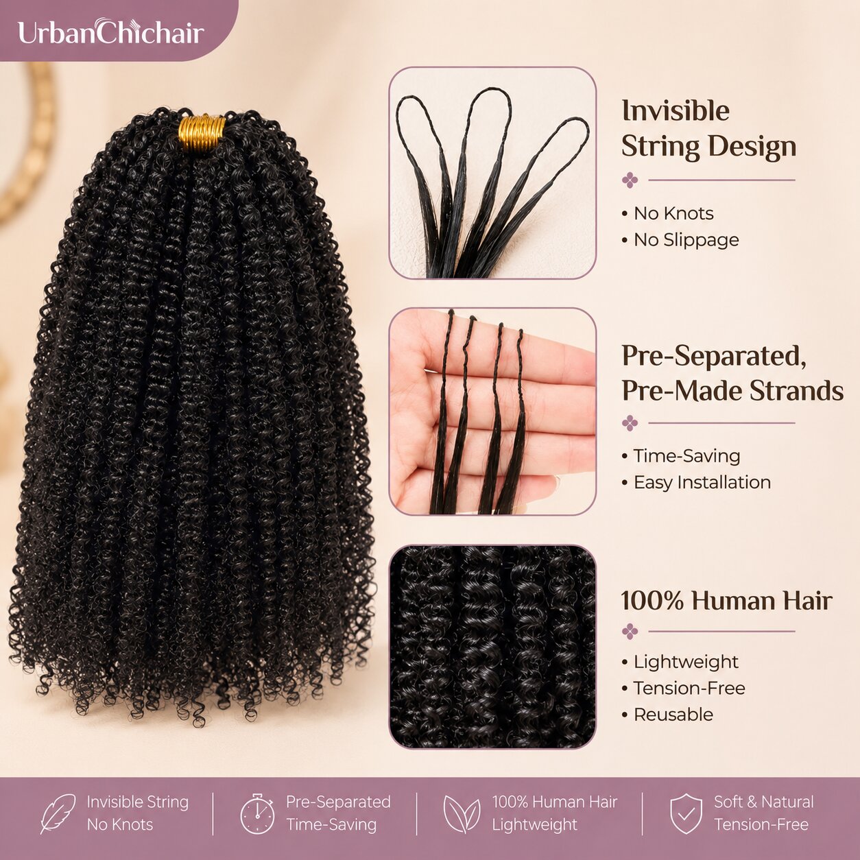 Front-facing beauty portrait of a Black woman with dense, defined Afro curly human hair crochet extensions, natural finish, soft makeup, and elegant studio background.