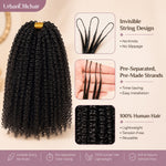 Front-facing beauty portrait of a Black woman with dense, defined Afro curly human hair crochet extensions, natural finish, soft makeup, and elegant studio background.