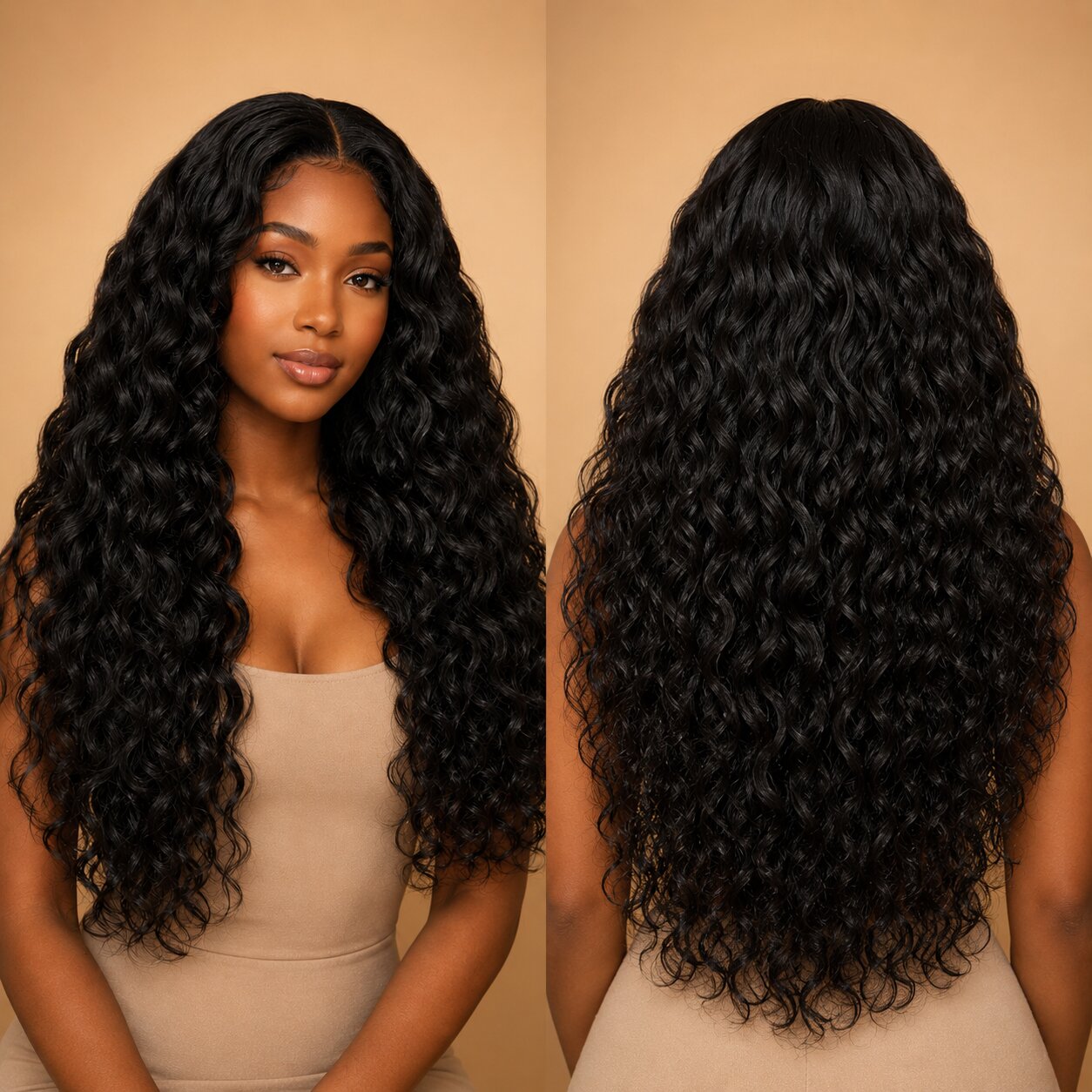 Front and back view of Black woman wearing UrbanChichair Raw Natural Wave Bundles showing full length, soft waves and glossy natural black texture