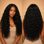 Front and back view of Black woman wearing UrbanChichair Raw Natural Wave Bundles showing full length, soft waves and glossy natural black texture